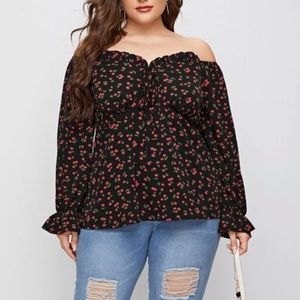 Shein Off Shoulder Cherry Print Knot Front Top